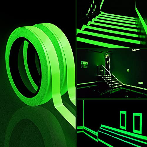 Nastro luminoso 2PCS, 10m x 10mm Bagliore in nastro scuro Nastro adesivo fluorescente impermeabile Nastro di avvertimento per scale Forniture per palcoscenico Decorazione (Luce verde)