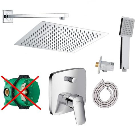 vanvilla Duschsystem mit Unterputz Duscharmatur von Hansgrohe Logis Einhebelmischer und vanvilla Regendusche mit Armatur, Duschkopf eckig, Dusch-SET HGE100-ob poliert