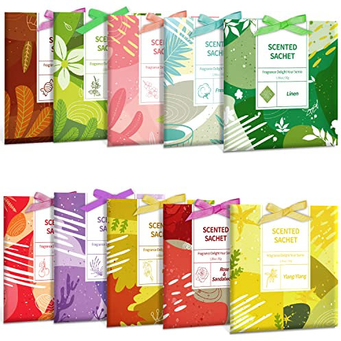 LASENTEUR Scented Sachets, Drawer Fragrance Hanging Scent for the Closets Cupboard Suitcase Bedroom Living Room, 10 Different Fragrances, Large Size Sachets