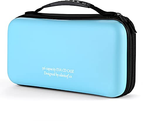 KUOCDSIK CD Tasche, 96 Kapazität Hart Eva Blu-ray CD-Brieftasche Doppelreißverschluss Handschlaufe Tragbare Disc Organizer DVD Hülle für Autofahrten (96 Kapazität, Himmelblau96)