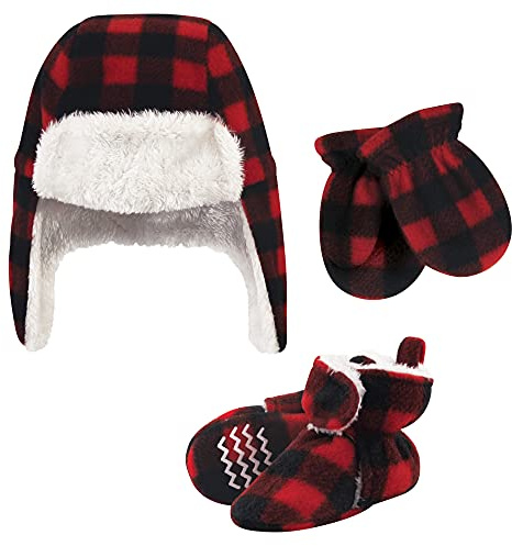 Hudson Baby Girls Trapper Hat, Mitten and Bootie Set Cold Weather Hat, Black Red Plaid, 0-6 Months US