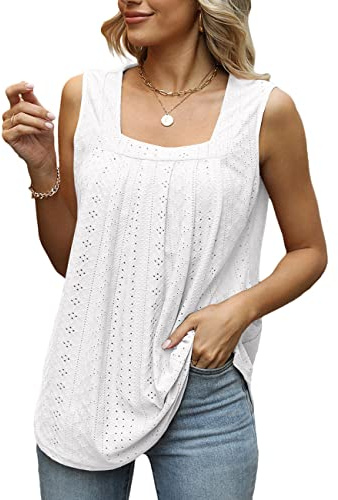 KOECMY Dam Square Neck Top Blusar Ärmlös Sommar Toppar Kort HHollow out Skjorta T-Shirt, Vit, L