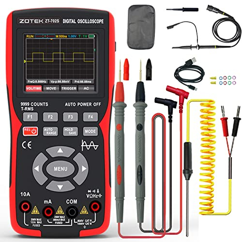 ZOTEK ZT-702S 2-in-1 Oscilloscope Multimeter with 2.8 Inch IPS Display,9999 Counts, Single Channel 10MHZ Bandwidth,48MSa/s High Real-time Sampling Rate,±400V Input Voltage,Measures Ohm-Volt-Tester