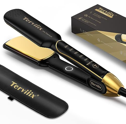 Terviiix Más ancho Planchas del pelo de Titanio, Salón 24K Plancha pelo Profesional y Rizador de pelo en uno, Temperatura Ajustable, Calentamiento Rápido de 30s, Doble Tensión, Apagado Automático