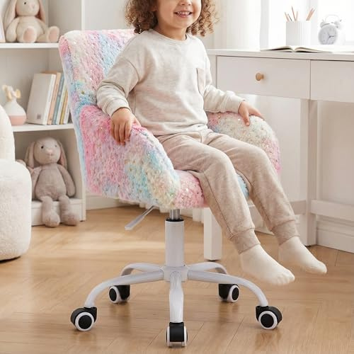 DUOMAY Kids Desk Chair, Faux Fur Colorful Upholstered Computer Chair for Boys and Girls, Cute Study Swivel Height Adjustable Arm Chair for Child