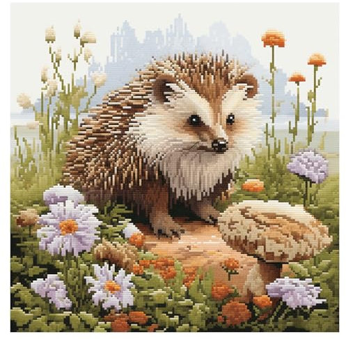 Cukol Igel Kreuzstich Set Vorgedruckt, Tiere Stickvorlagen Stickbilder Vorgedruckt Kreuzstich Stickpackungen Stickpackung Cross Stitch Embroidery Kit Stickset Sticken Set Erwachsene Anfänger 40x40 cm