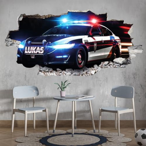 tjapalo® vz105 3D Wandtattoo mit Namen Polizei Auto Wandaufkleber Kinderzimmer Junge Wandsticker Kinder Deko Wandbild, Größen Name: B50xH24cm
