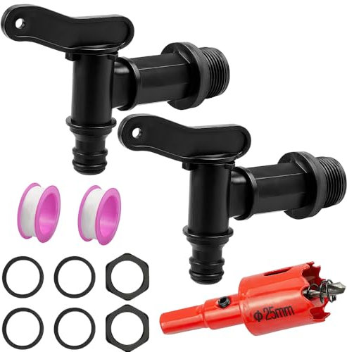 Hojalis Water Butt Tap, 2 Pcs Plastic Snap-Fit Rain Barrel Tap with Waterproof Sealing Tape, Nuts and 25mm Hole Saw, Replacement Water Tap for Household Garden Rainwater Collection Bucket Faucets