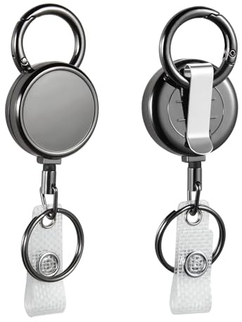 2 Pack Heavy Duty Badge Reel, FadyRaye All Metal Retractable Badge Holder with Carabiner Belt Clip Key Ring for Name Card Keychain [22 Steel Wire Cord]