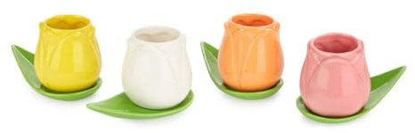 Balvi Set de 4 Tasses à café Tulipe en Céramique Multicolore de 100 ml avec Sous-verre en Forme de Feuille