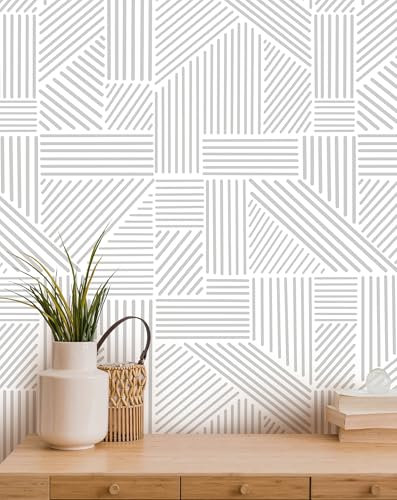 Tomete Papel tapiz moderno para despegar y pegar, papel tapiz geométrico gris bohemio para decoración de baño, papel de contacto para armarios y cajones, papel tapiz extraíble a rayas, autoadhesivo,