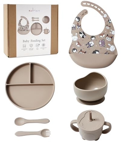 Edrian, set juego vajilla Bebe 6 piezas silicona libre de BPA ideal bebes, no toxico plato antideslizante+bol con ventosa+vaso+cubiertos iniciación+babero ajustable recogedor,para regalo,Color Arena