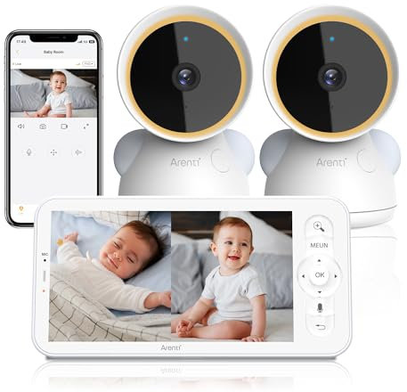 ARENTI Babyphone mit 2 Kamera und App 2K/3MP, 5 Zoll WiFi Video Babyphone PTZ 355°, Automatische Verfolgung, Schreierkennung, Temperatur- und Luftfeuchtigkeitssensor, Nachtsicht, kompatibel mit Alexa