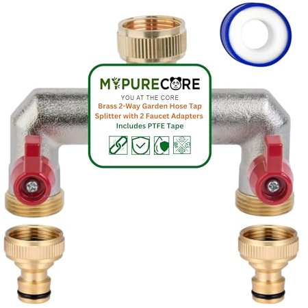 MYPURECORE Brass 2-Way Garden Hose Tap Splitter with 2 Faucet Adapters & PTFE Tape – Durable 3/4 Outdoor Tap Connector with Individual Valves | Brass Hose Connector for Garden, Kitchen & Outdoor Use