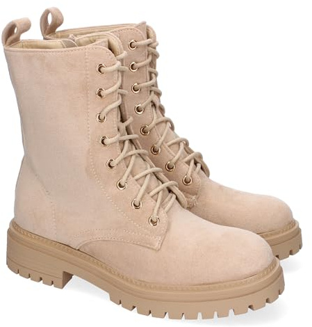 shoes&blues.es 87530 Botin de Mujer Estilo Militar, Comodos y Elegantes, Suela Dentada, Diseno Elegante, Cierre de Cordoneras y Cremallera. Beige Talla 37