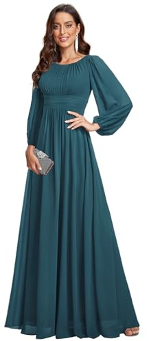 Ever-Pretty Vestido formal de gasa con cuello redondo y mangas largas plisadas, cintura imperio, talla grande, vestido de dama de honor