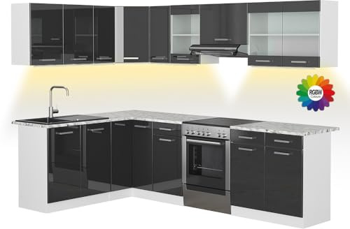 Vicco Eckküche Rick, Anthrazit Hochglanz, 167 x 60 cm, AP Marmor mit LED-Leisten