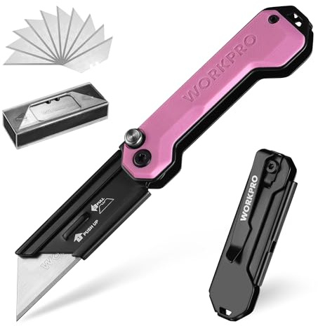 WORKPRO Coltello Taglierino Multiuso, Coltello Multifunzione Tascabile con Manico in G10, Cutter Professionale con10 lame SK5 di Ricambio, Ideale per Carta, Corda, Plastica e Tappto - Rosa