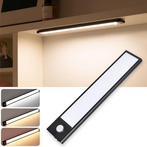 Mueble Recargable Armario Luces con Sensor de Movimiento, 20CM Lampara Interior Mueble Magnetica USB Recargable Luces con 3 Color/Modos, Luz de Armario Adhesiva para Escaleras Pasillo Cocina (Negro)