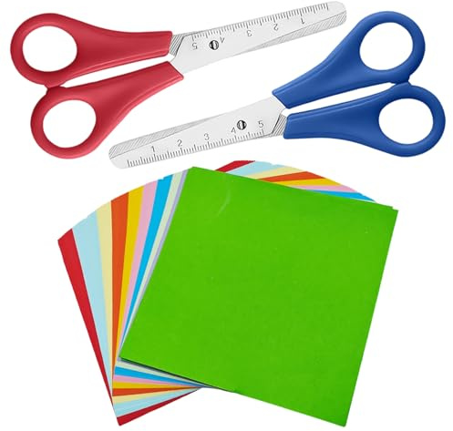 2 Pièces Avec Des Ciseaux Et 100 Feuilles En Papier Coloré, Des Ciseaux De Sécurité, Des Outils De Coupe De Papier Pour Enfants, Des Accessoires De Bricolage-Hands.