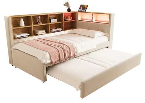 Klädd dagbädd, bäddsoffa med utdragbar säng 90x190, enkelsäng med LED-lampor, uttag och förvaringsfack, multifunktionell bäddsoffa, sängram, flanell,Beige-90 * 200cm