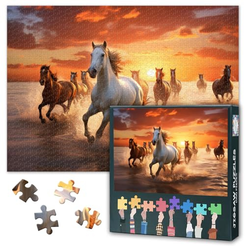Jigsaw Puzzle 1000 Pieces for Adults Running Horses at Sunset Beach Ocean View Majestic Wild Horses Galloping Nature Scene Challenging Animal Puzzle Art Relaxing Activity 27.5 x 19.7 Inches