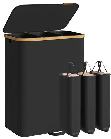 SONGMICS tvättkorg med lock, tvättsorterare, tvättunna, urtagbar tvättpåse, bamburam, för tvättstuga, sovrum, 3 fack, 170 liter, bläcksvart LCB533BH01