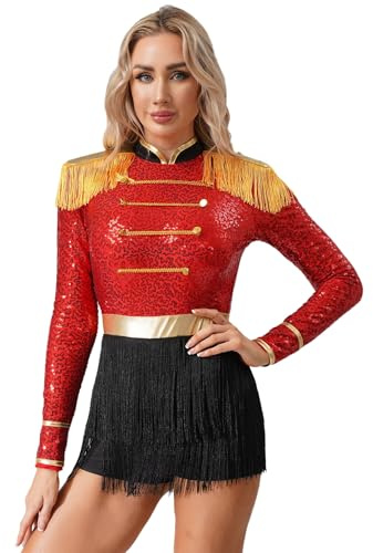 JEATHA Disfraz Domadora Mujer Mono De Danza Gimnasia Con Flecos Body De Manga Larga Traje Brillante De Actuación Fiesta Cosplay Rojo 3XL