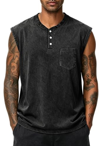 Tanktopp för män, ärmlösa muskelskjortor, knappslå gym, sport, undertröja, män, funktionell skjorta, Henley, tanktoppar med ficka, svart, XL