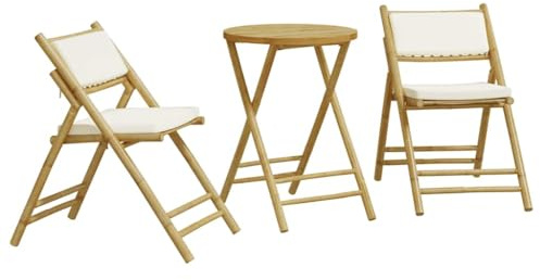Genérico Juego bistró Plegable de bambú 3 pzas con Cojines Blanco Crema,Mobiliario,Muebles de jardín,Conjuntos de jardín,3208939