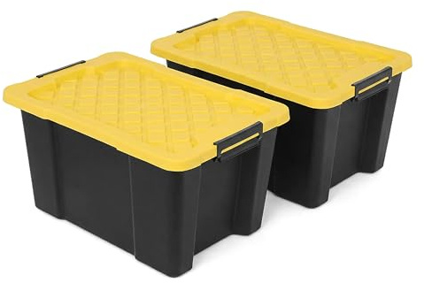 NOVECRAFTO 60L Plastic Storage Boxes with Lids, Heavy Duty Black, 2 Boxes | Garage storage boxes with lids; carry handles, clip locks & stackable design for sheds, attics and outdoor storage