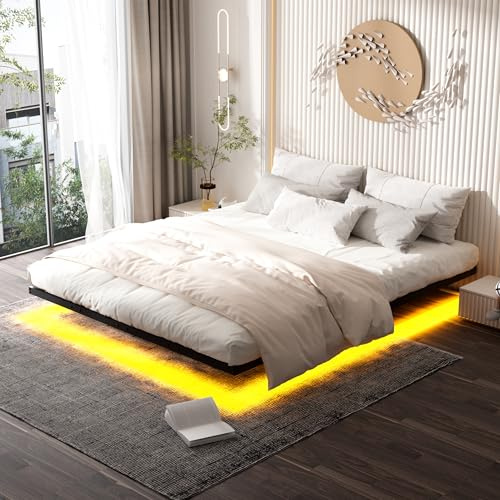 DEWINNER Estructura de Cama de 180 x 200 cm (Incluye somier metálico), Cama Doble Flotante con iluminación LED, somier metálico Resistente, Espacio de Almacenamiento de 20 cm, Color Negro