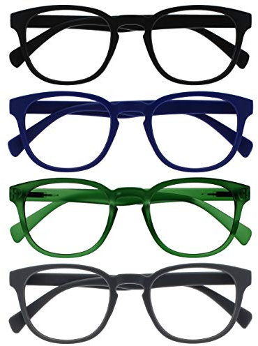 OPULIZE Pop Lesebrille 4er Pack Keck Rund Matt Rahmen Federscharniere Kratzfest Schwarz Blau Grün Grau Herren Damen RRRR2-1367 +2.00