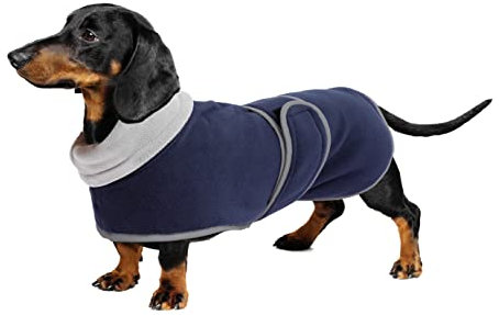 Geyecete-Polarfleece Winter hundemantel fur Dackel,Miniatur Dackel Pullover,Warmes Einstellbar Hundejacke Hundeweste mit Geschirr öffnung-Navy Blau-S