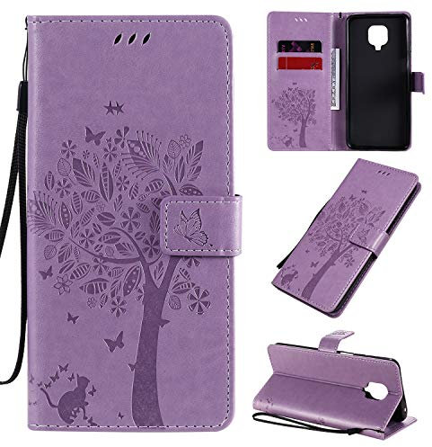 Zchen Funda para Redmi Note 9S/Note 9 Pro, Funda Piel con Tapa Suave TPU y Cuero de PU Tipo Libro Billetera Resistente a los Golpes Carcasa para Xiaomi Redmi Note 9S/9 Pro (Gato-Morado)