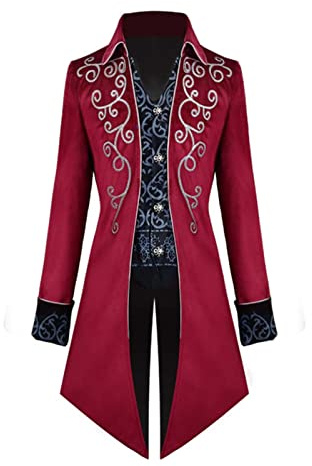 Veste Steampunk Gothique pour homme - Manteau queue-de-pie médiéval - Veste Gothique Punk à manches longues - Smoking, rouge, M