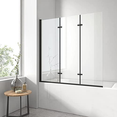 EMKE Pare-baignoire rabattable 120 x 140 cm, 3 volets pivotants, 6mm verre de sécurité, 180° balançoire, Cadre Noir de style industriel, nano-revêtement