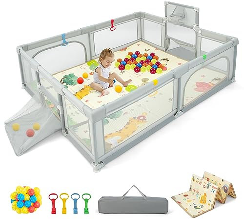 COSTWAY 207 x 145cm Laufstall Baby Faltbar, Laufgitter mit Matratze, Basketballkorb, Fußballnetzen, 50 Spielbällen, Krabbelgitter mit atmungsaktivem Netz, Tragetasche für Kleinkinder (Groß, Hellgrau)
