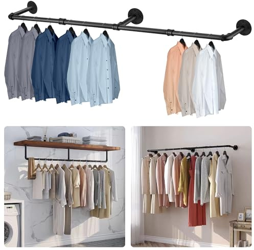 Lighterday Perchero de Ropa de Pared de 120cm Perchero Industrial de Ropa Perchero de Ropa de Metal Resistente Rieles Colgantes Desmontables para Ropa Riel Ordenado para Dormitorio Vestidor (120CM)