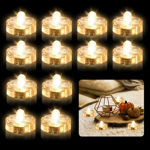 Editbar 12 candele a LED, luci a LED, senza fiamma, mini luci a LED subacquee, impermeabili, per laghetti, feste, matrimoni, giardino, bianco caldo
