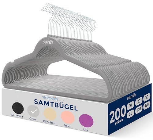 SereneLife Grucce Appendiabiti Antiscivolo in Velluto, 200 Stampelle Armadio, Set di Grucce Resistenti con Gancio Ruotabile a 360 Gradi, Appendiabiti per Felpe, Abbigliamento Bambino