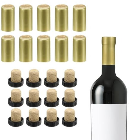 sourcing map Lot de 100 capsules thermorétractables en PVC avec 12 bouchons en liège en forme de T pour bouteilles de vin, caves à vin, maison, 32 x 50 mm, doré