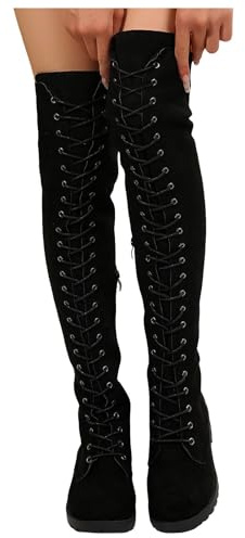 Dasongff Cuissardes Femme Sexy Haute A Lacets Bottes Noir Longues - Bottes Hautes - Grande Taille - Bottes au Dessus du Genou d'hiver Confortable Chic Bout Rond Bottes Longues Soirée Cocktail