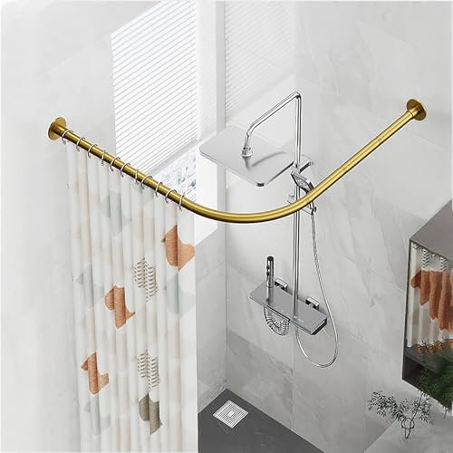 APHTOCF Tringle à Rideau De Douche en Forme De L sans Perçage, Barre De Douche Angle en Métal Universelle, 70 X 70 Cm, pour Salle De Bain, Baignoire, Magasin De Vêtements, Or