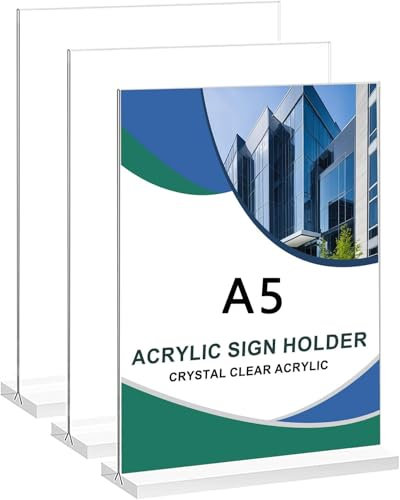 Mikocofo 3 Stück Tischaufsteller A5, Preisschilder Aufsteller Tischständer Doppelseitiger Vertikaler Tischaufsteller Ständer Menükartenhalter Acryl T-Ständer für Prospekte Menükarte Werbung