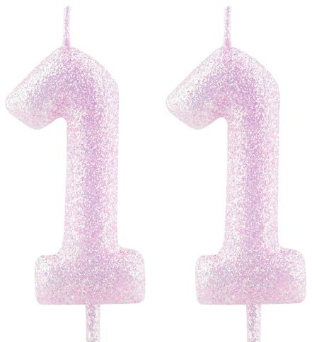 Cxryrzhe Vela de cumpleaños número 11 rosa y morado iridiscente con purpurina para decoración de tartas para niñas y mujeres, suministros de decoración de fiesta de aniversario