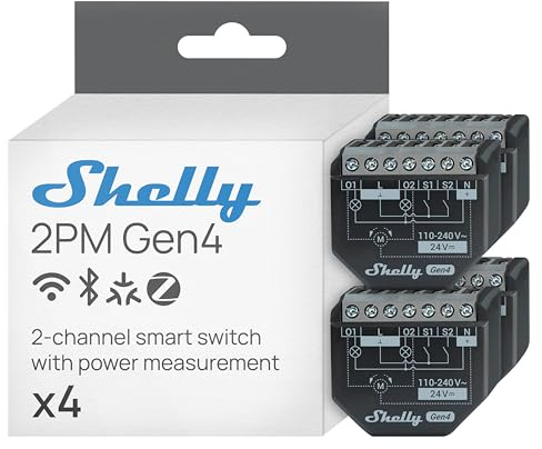Shelly 2PM Gen4, WLAN-driven smart reläströmbrytare, 2 kanaler, 16 A, effektmätning, rullgardinsswitch, hemautomatisering, ingen hubb krävs, Alexa, HomeKit & Googlе, Zigbee, Matter (4 stycken)
