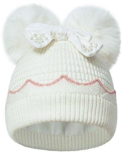 HOKEMP Winter Hat for Girls Kids, Girls Beanie Cap Pearl Bow Double Pom Pom Warm Fleece Lined, Toddler Knit Cap