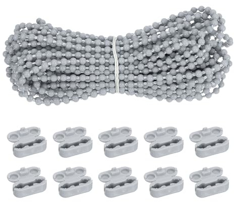 QUARKZMAN Cordón Cadena Cuentas para Cortinas, 10 Metros/10.9 Yardas Cordón Cuentas para Enrollables Hilo Tirón Cuentas Plástico con 10 Conectores Cadena para Persianas como, Gris