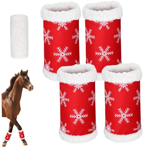 Xoeryoy 4 Pezzi Fasce per Gambe di Cavallo a Tema Natalizio Design Rosso Fasce per Gambe di Cavallo Fodera Morbida e Spessa in Peluche in Piedi per Cavalli con Nastro con Anello e Gancio Taglia Uni